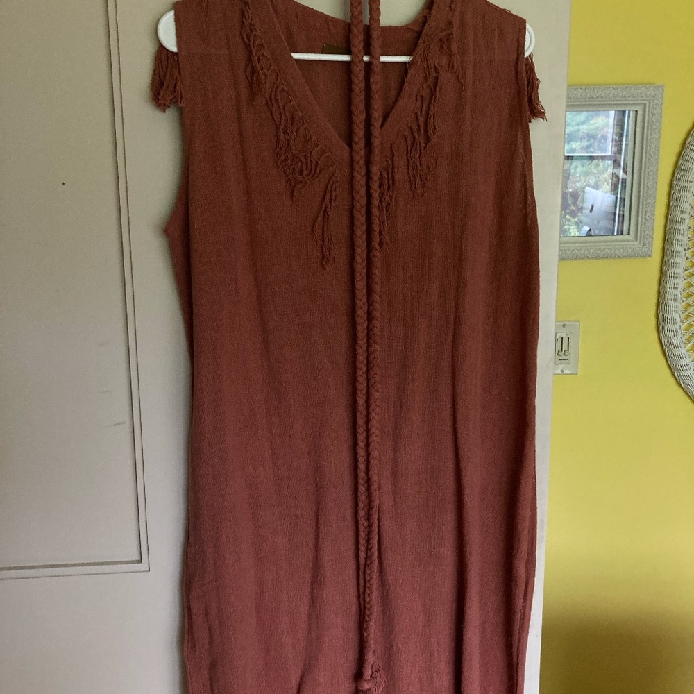 NWOT Caravana Tulum cotton terracotta fringe dress, belted M